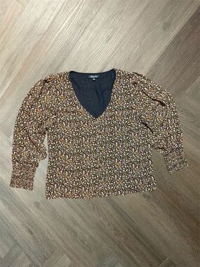 Madewell Women's Blouse Black Floral Top Size S Georgette Button Up Smocked Cuff